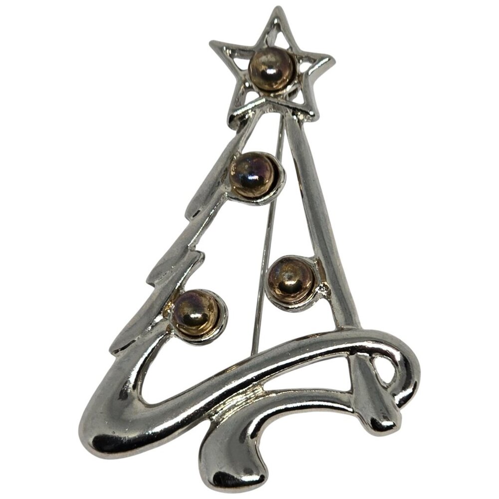 Vintage Silver Tone Christmas Tree Brooch Pin Star Ornaments Holiday Jewelry
